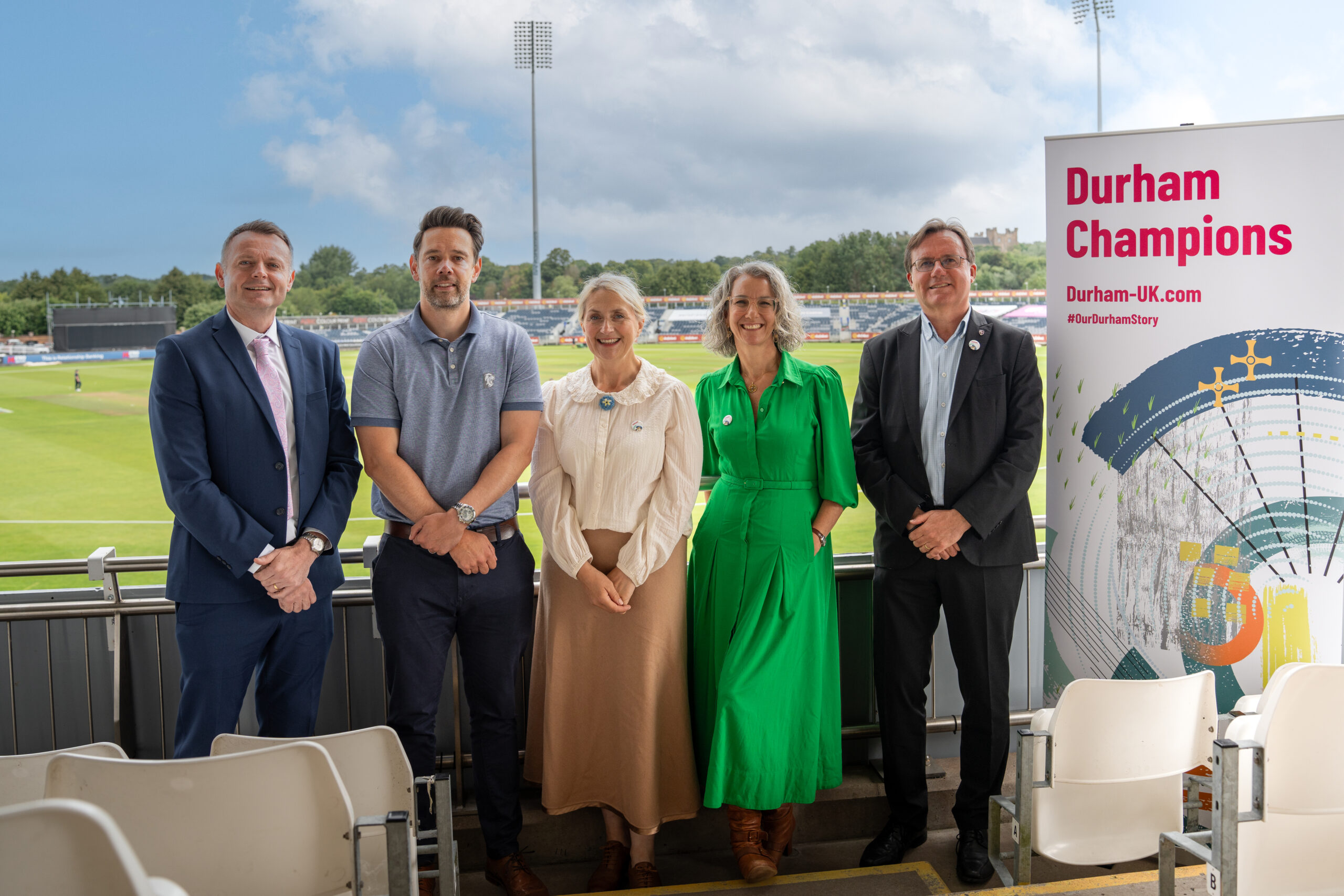 Left to right- Tony Hanson, Corporate Director, Regeneration, Economy and Growth, Durham County Council; David Jackson, Marketing Director, Durham Cricket; Rhiannon Hiles, CEO, Beamish the Living Museum of the North; Emma Gaudern, CEO, EMG Solicitors; Richard Baker, Director Economic Development & Commercialisation Durham University.