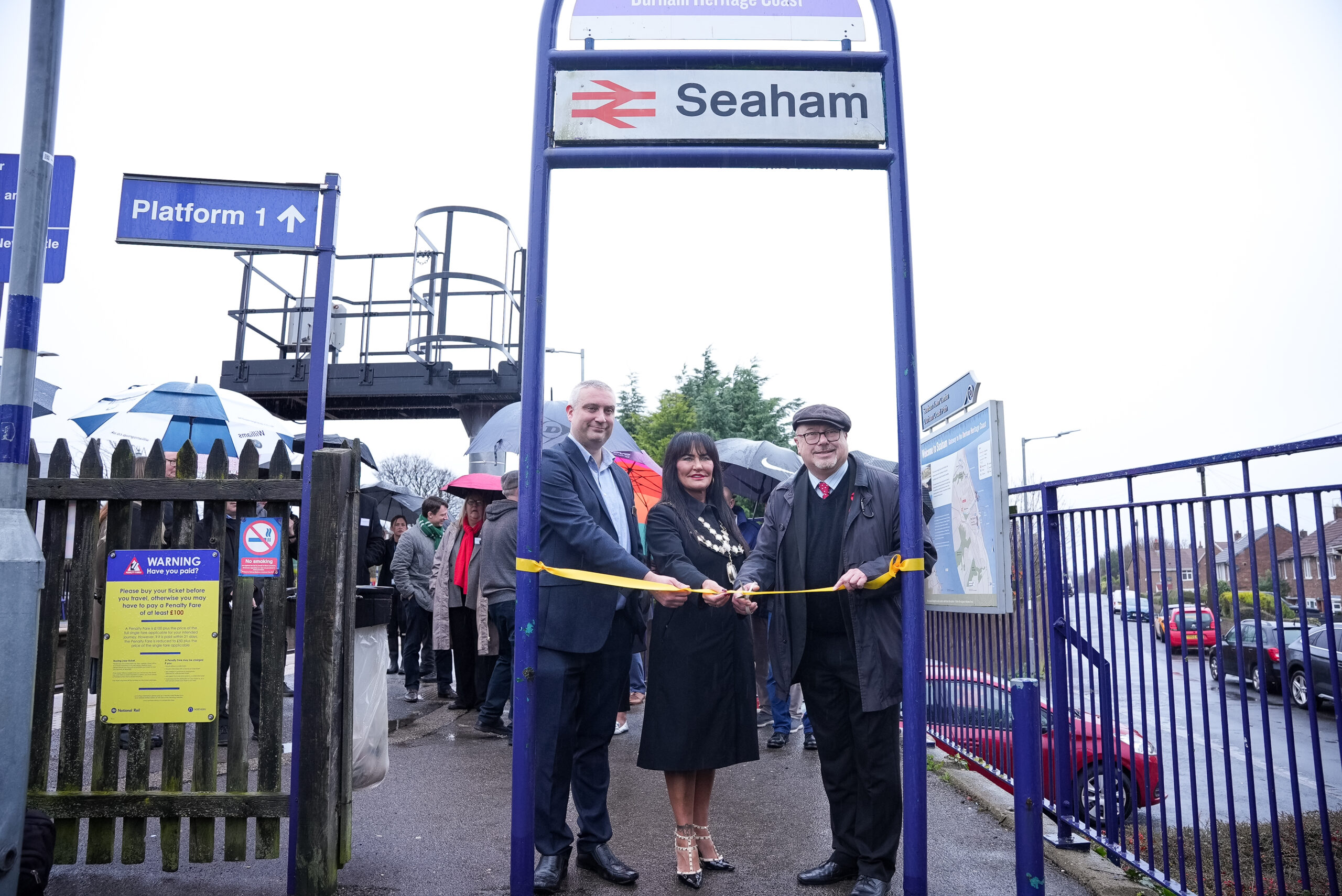 Chris Brandon (Grand Central Director), Margaret Levitt (Mayor of Seaham) and Grahame Morris MP cut the ribbon at Seaham station.